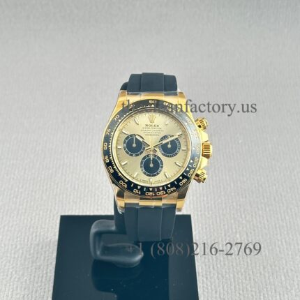Clean Factory Rolex Daytona 126518LN-0012 Champagne Panda Dial Pikachu Rubber Strap Cerachrom Bezel Yellow Gold wrapped Super Clone Chronograph waterproof Best replica 4131 Movement