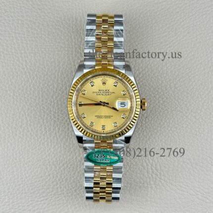 The Best Replica Rolex DateJust 36mm 904L Oystersteel 126233-0017 Super Clone 3235 Movement Yellow Gold Wrap Fluted Bezel Yellow Gold Dial Jubilee five-piece links Waterproof Clean factory Made