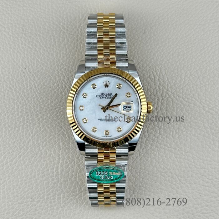 The Best Replica Rolex DateJust 41mm 126333-0018 Two-tone Super Clone 3235 Movement Yellow Gold Wrap Fluted Bezel White Mother of Pearl Diamond Dial 904L Oystersteel Jubilee five-piece links Waterproof Clean factory Made