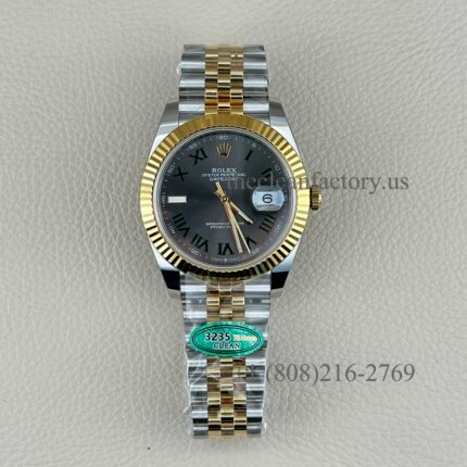 The Best Replica Rolex DateJust 41mm 126333-0020 Slate Grey Wimbledon Roman Dial Two-tone Super Clone 3235 Movement Yellow Gold Wrap Fluted Bezel 904L Oystersteel Jubilee five-piece links Waterproof Clean factory Made