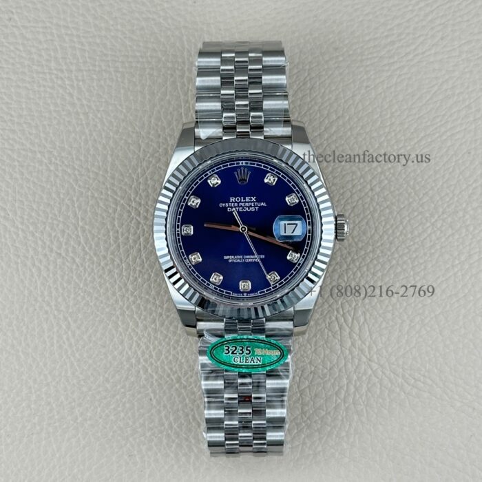 The Best Replica Rolex DateJust 41mm 904L Oystersteel 126334-0016 Super Clone 3235 Movement White Gold Wrap Fluted Bezel Blue Diamond Dial Jubilee five-piece links Waterproof Clean factory Made