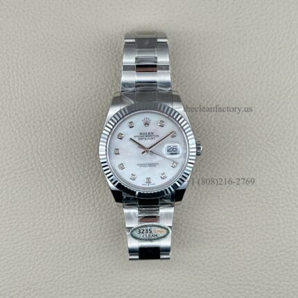 The Best Replica Rolex DateJust 41mm 904L Oystersteel 126334-0019 Super Clone 3235 Movement White Gold Wrap Fluted Bezel White Mother of Pearl Diamond Dial Oyster three-piece links Waterproof Clean factory Made
